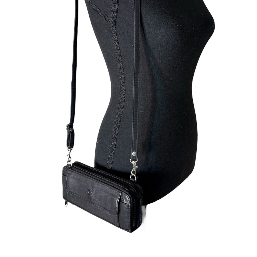 VALENTINA Black Leather Small Crossbody Clutch Convertible Zipper Mini Bag